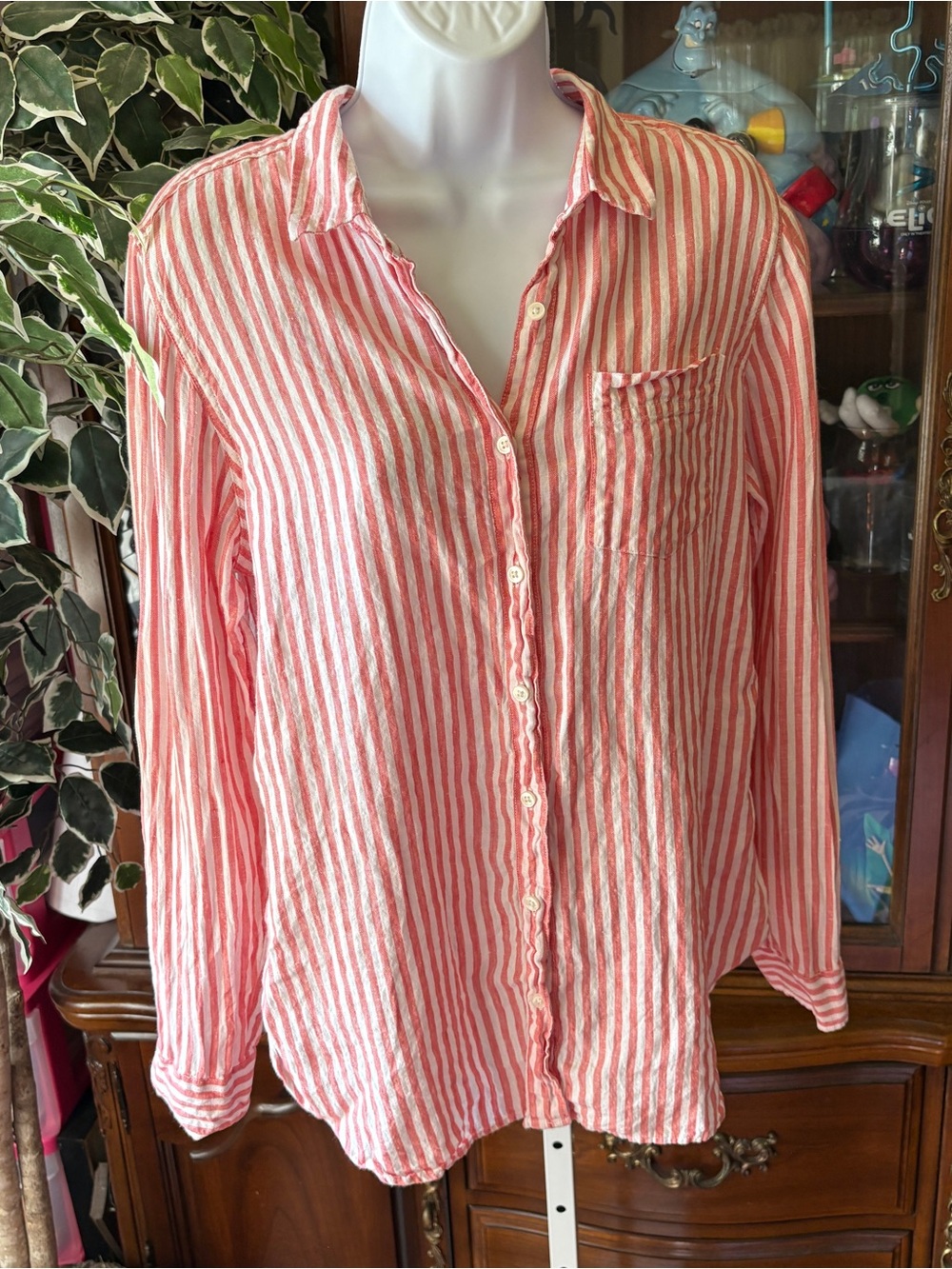 Vintage LL Bean Linen Pink and White Striped Long Sleeve Button Up Women’s Sz M
